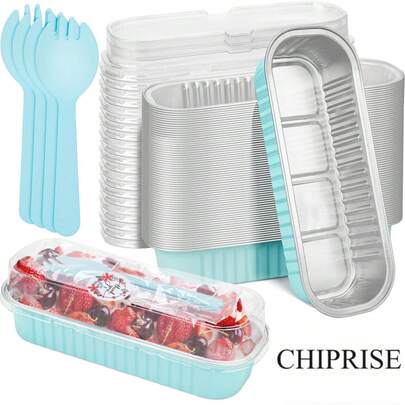 CHIPRISE 60-Piece Pack (30 Boxes + 30 Lids) Blue Mini Bread And Cake Plates, Disposable Aluminum Foil Pans With Lids And Spoons, Rectangular Mini Bread Plates, Rectangular Cupcake Containers, Dessert Cheesecake Cream Pudding Plates