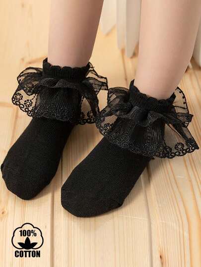 1双纯棉女童纯色蕾丝边短袜，公主风短袜，适合幼儿和大童