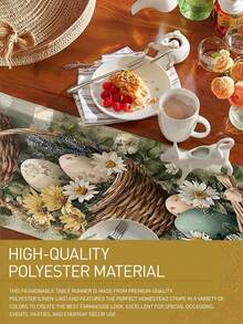 1 pieza Camino de mesa de Pascua floral de primavera con estampado de follaje y canasta de cáscara de huevo - Decoración de mesa de poliéster de primavera y verano adecuada para brunch de Pascua, fiestas de primavera, comedor de estilo granja - Azul menta - Ver 7