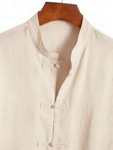 Camisa con cuello alzado con botón para hombres de moda, camisa informal de negocio de unicolor y estilo minimalista, adecuada para el estilo nacional elegante y sencillo, nueva camisa de manga corta para verano - Albaricoque - Ver 5