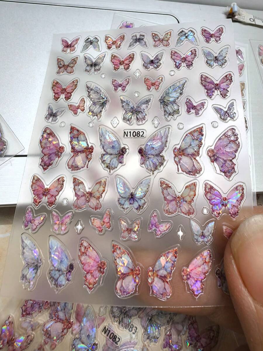 2片珠光玫瑰蝴蝶美甲贴纸，优雅蝴蝶可爱活泼美甲贴花 - 彩色 - 查看 1