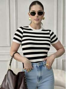 Modal Striped Short Sleeve Blouse With High Quality Elasticity - 白色 - 查看 1