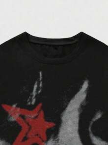 一件男士黑色T恤，饰有红色星星、爱心和字母图案元素，适合都市时尚街头风格。 - 黑色 - 查看 3