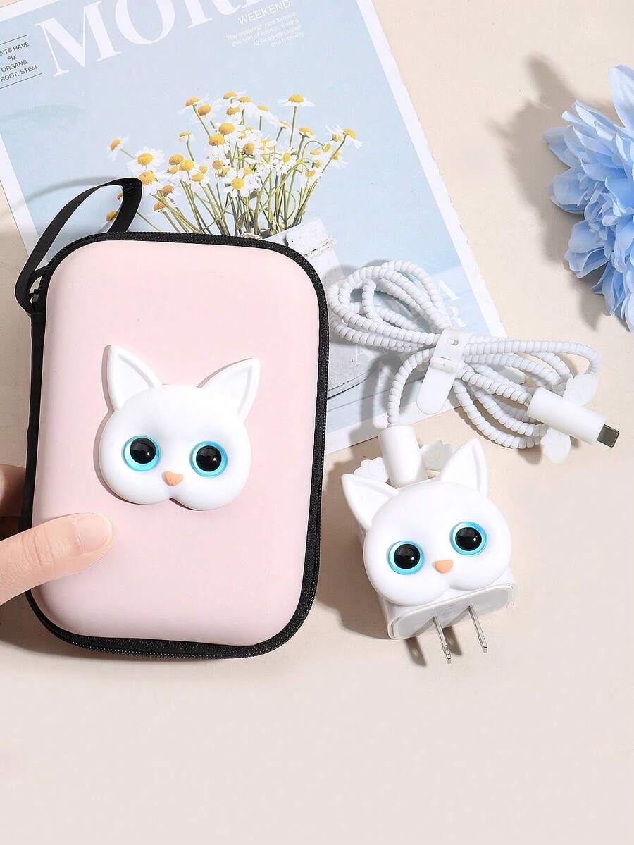 粉色TPU白色猫咪元素6件套EVA线缆整理器+1.5米猫形绕线器及保护套，TPU充电头保护套，兼容 12/13/14 20W快充线，女士节生日礼物 - 白貓 - 查看 1