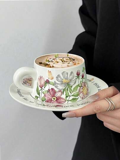 1pc Minimalist Vintage-Style Painted Lavender Coffee Cup & Saucer Set, Luxury Handpainted Floral Latte Cup Gift, Ceramic