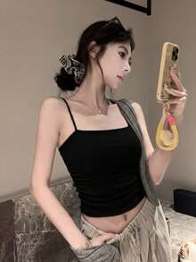 性感褶皱黑色吊带背心，带胸垫，无袖修身款，适合夏季穿着，可叠穿或外穿，休闲百搭。 - 黑色 - 查看 4