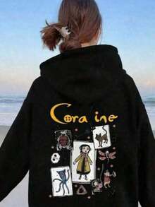Women's Fashion Hooded Sweatshirt, Featuring &Lt; Coralline &Gt; Cartoon Pattern, Material, Long Sleeve Pullover Design, Suitable For All Seasons, Regular Fit, Machine Washable, Halloween, Christmas GiftsFashionable Women's ClothingWomen's Hoodies For Holidays And Everyday Wear-Comfortable And Stylish. Fashionable Women's ClothingY2Y-W- Gras - màu đen - Xem 7