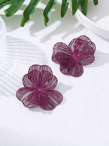 1 Pair Vintage Elegant Metallic Gold Textured Floral Pendant Earrings, Suitable For Women's Daily, Party, Holiday, Gift - 紫色 - 查看 3