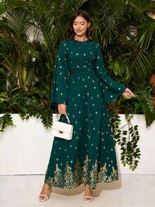 Women's Elegant Green Gold Foil Print Round Neck Long Flare Sleeve Arabic Style Dress - Green - View 1