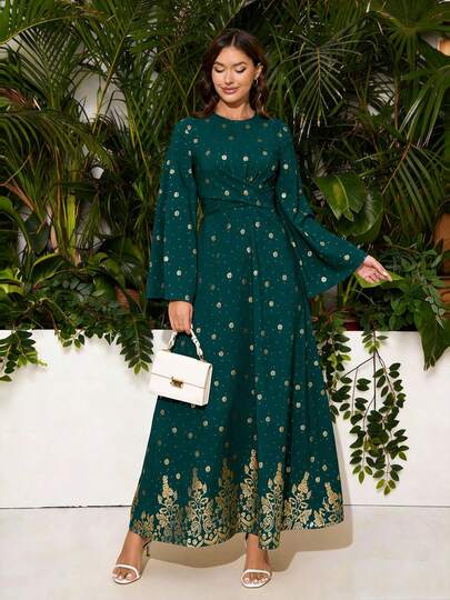 Women's Elegant Green Gold Foil Print Round Neck Long Flare Sleeve Arabic Style Dress