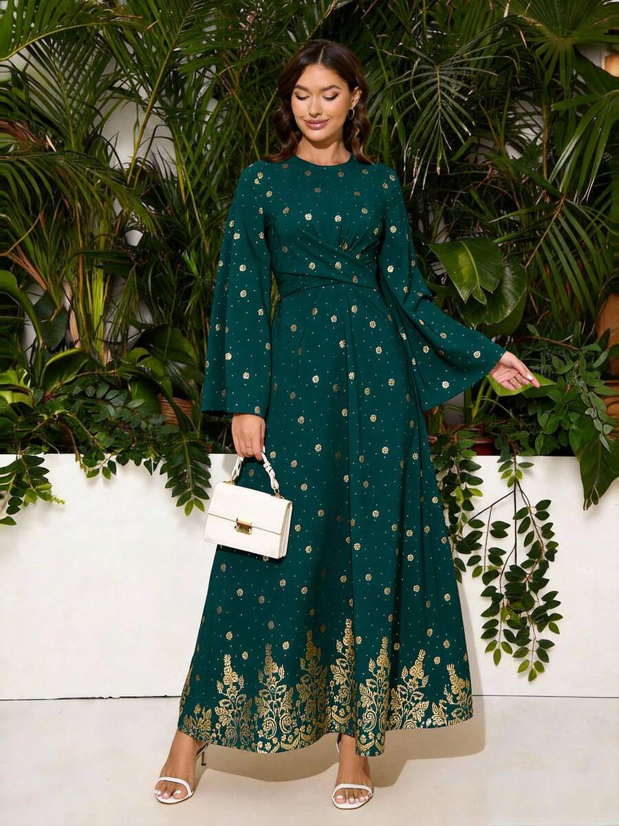Women's Elegant Green Gold Foil Print Round Neck Long Flare Sleeve Arabic Style Dress - Green - View 1