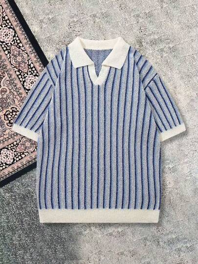 男士休闲宽松竖条纹撞色复古韩版百搭通勤 Polo 领短袖针织衫，春夏款