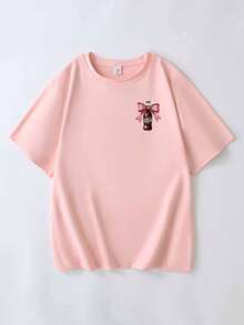 Women's Casual Crew Neck Pink Short Sleeve T-Shirt With Bow & Soda Print, Fashionable & Versatile Summer Top,Suitable For Daily Wear, Going Out, Party, School, Attending Music Festivals, Vacation, Commuting. Can Be Given As A Gift To Family, Boyfriend,Girlfriend, Friends,Girls Summer Clothes - Pink - View 2