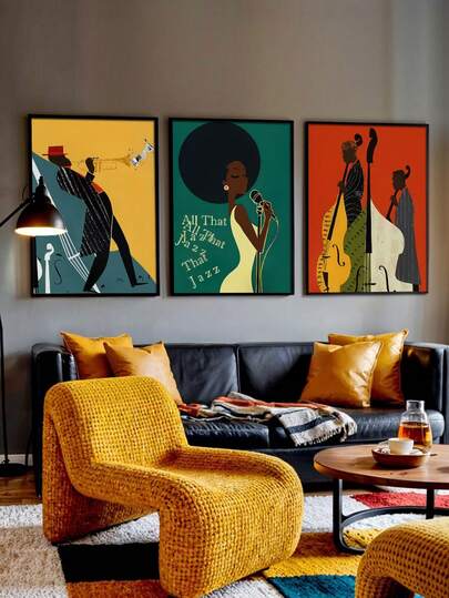 3pcs Unframed Canvas Series, Stylish Home Art InterpretationAfrican Musician Art Print, Vintage Wall Art Poster, Abstract African Art, Black Singer Art, Jazz Wall Decor, Bar Decor, Cafe, Bedroom, Living Room, 2D Fla