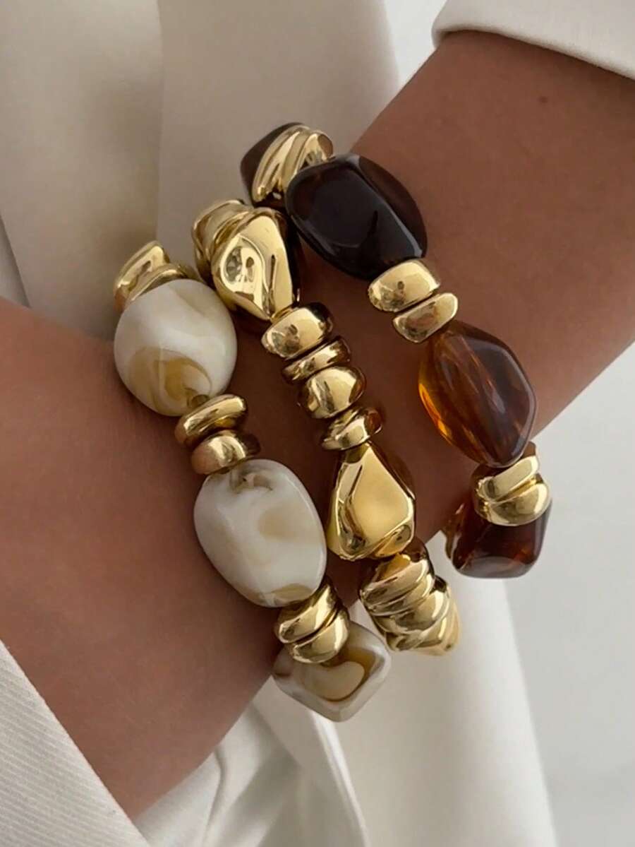 3pcs/Set Bohemian Geometric Irregular CCB Bead Resin Tie Dye Bracelet Set, Elegant Luxury Everyday Casual Party Jewelry Gift For Women - Bracelet - View 1