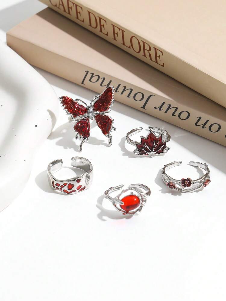 Bộ 5 chiếc nhẫn men đỏ kiểu nhỏ giọt, đính đá hình bướm máu, lá phong và hoa hình học phong cách Y2K. - Bạc - Xem 3