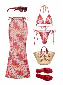 Bộ bikini gợi cảm mùa hè dành cho nữ, họa tiết hoa, kiểu buộc dây cổ, kèm áo khoác ngoài và váy. - Nhiều màu - Xem 1
