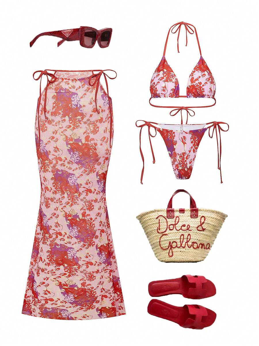 Bộ bikini gợi cảm mùa hè dành cho nữ, họa tiết hoa, kiểu buộc dây cổ, kèm áo khoác ngoài và váy. - Nhiều màu - Xem 1