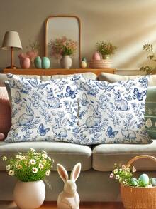 1/2/4pcs Blue Easter Decoration Bunny Rabbit Floral Plant Throw Pillow Covers | Cute Funny Cosy Soft Decorative Pillowcases With One-Sided Printing, Polyester, Machine Washable, Contemporary Style For Spring Living Room Bedroom Sofa Bed Decor Without - Blue - View 2