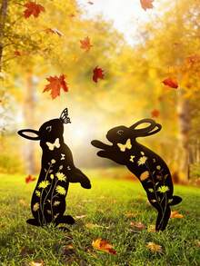1pc New Iron Hollow Animal Yard Stake - Cat, Dog, Rabbit Lawn Marker, Suitable For Easter And Baby Shower Garden Decor - Black - View 10