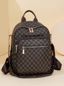 Fashionable Women Backpack, Rhombus Pattern Large Capacity Backpack, Casual Shoulder Bag, Commuter Bag, Student Backpack, Mommy Bag - Brown - View 4