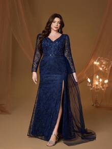 新款V领刺绣蕾丝长袖珍珠开衩领高端晚礼服，适合舞会、婚礼、派对、婚礼宾客等场合。 - 寶藍色 - 查看 4