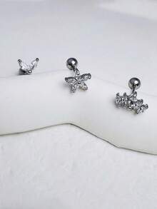 Set de 3 piezas de pendientes de botón de circonita marquesa plateada delicada para mujeres, pendientes de cartílago de flor para múltiples perforaciones, joyería para uso diario - Plata 3 piezas - Ver 1