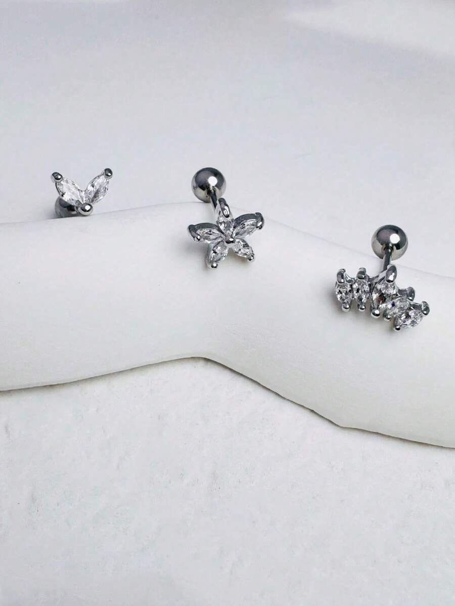 Set de 3 piezas de pendientes de botón de circonita marquesa plateada delicada para mujeres, pendientes de cartílago de flor para múltiples perforaciones, joyería para uso diario - Plata 3 piezas - Ver 1