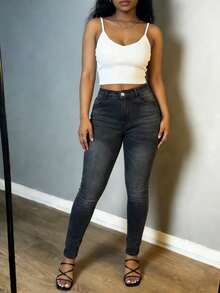 女士高腰弹力紧身牛仔裤，收腹提臀，套穿式带口袋 - 深灰色 - 查看 4