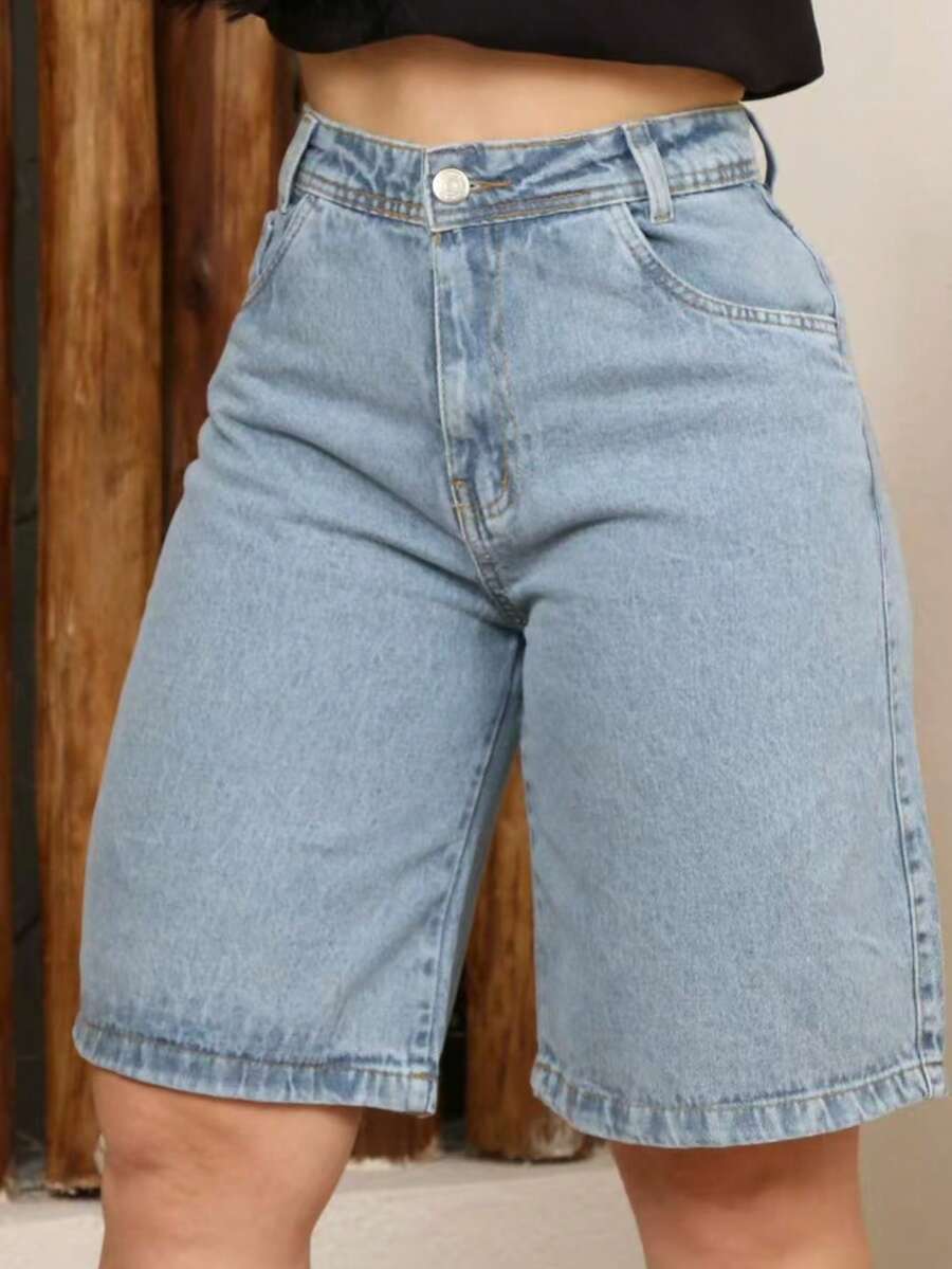 Women's High-Waisted Denim Shorts, Casual And Comfortable - Rửa trung bình - Xem 1