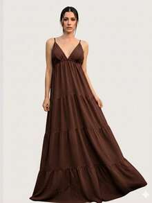 Casual, Loose-Fitting Maxi Dress With Thin Straps And A V-Neck For Summer. - 鏽棕色 - 查看 1