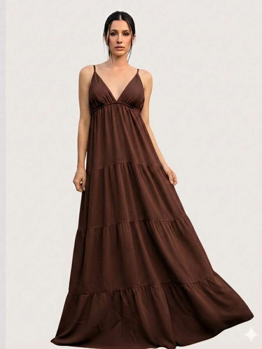 Casual, Loose-Fitting Maxi Dress With Thin Straps And A V-Neck For Summer. - 鏽棕色 - 查看 1