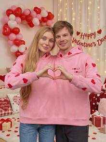 Oversized Long Sleeve Hooded Jumpsuit, Suitable For Girlfriends/Couples, One Size, Heart/Letter/Slogan Print, Suitable For Spring/Summer Wear, Can Be Used For Vacation/School/Home/Daily/Street/Photo Shooting, Simple/Y2K/Casual/College/Street/Office/Cute/Sexy Style, Valentine's Day/New Year/Easter, Women's Spring Clothing, Women's Spring Outfits, New Year Outfits, Fashionable Printed Hoodie, Women's Hoodie, Women's Vacation Outfits, Valentine's Day Outfits - Pink - View 4