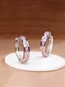 925 Silver Square Shiny Zirconia Double Circle Earrings 1.5cm Hypoallergenic Daily Party Gift Box - Pink - View 3
