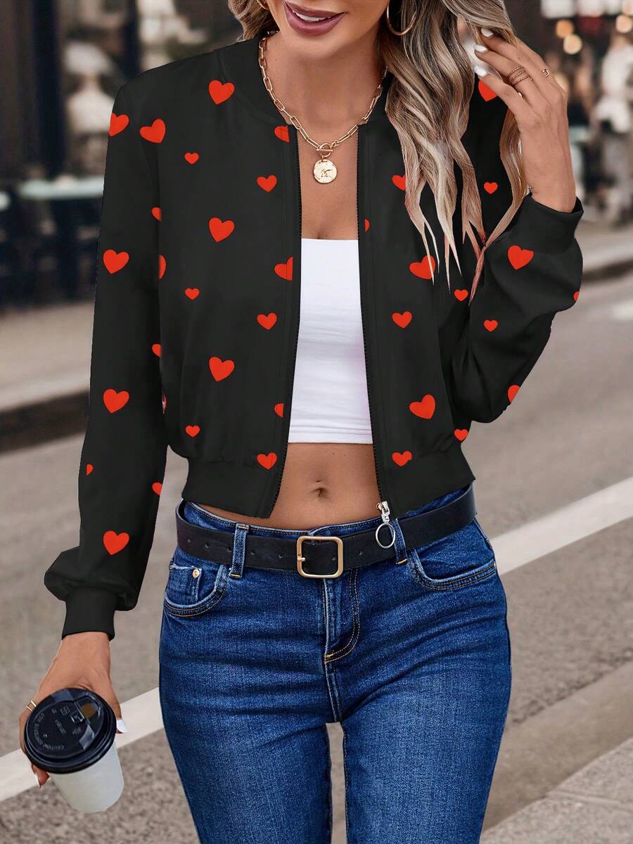 Women's Autumn/Winter Valentine's Day Heart Ribbed Collar Jacket, Lightweight Baseball Jacket - Black and Red - View 1