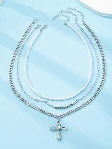 1条仿珍珠串珠项链和2条复古链十字架项链套装，女士多层珍珠十字架项链套装，十字架首饰礼品 - 彩色 - 查看 4