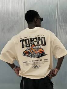 Fractyr 男士休闲街头风宽松短袖T恤 | 赛车与英文元素图案印花 | 精致设计 | 春夏必备 | 百搭基础款T恤 | 送朋友的最佳礼物 | 展现个人风格 - 杏色 - 查看 3