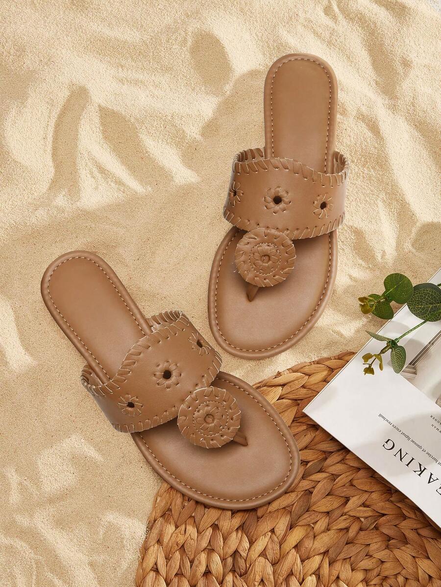 Women's Casual Thong Flip Flops Comfortable Flat Sandals Fashionable Beach Shoes, Suitable For Walking, Working, Beach Vacation And Home Wear - màu nâu - Xem 1