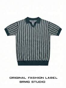 Unisex Casual Loose Striped Polo Collar Knit Short Sleeve Top, Spring/Summer - Green - View 2