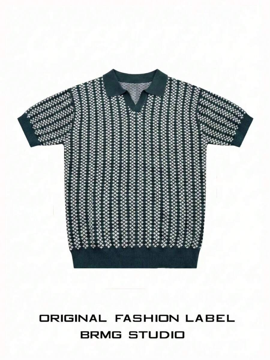 男女通用休闲宽松条纹 Polo 领针织短袖上衣，春夏款 - 綠色 - 查看 1