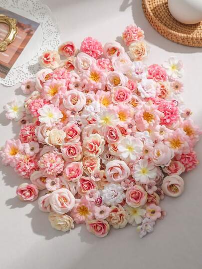 42pcs Pink Artificial Flower Heads Set, Suitable For Home Bedroom Decor, Cake Decoration, Garden Decoration, Bridal Hair Accessories, Decoration, Entrance, Corridor Decor