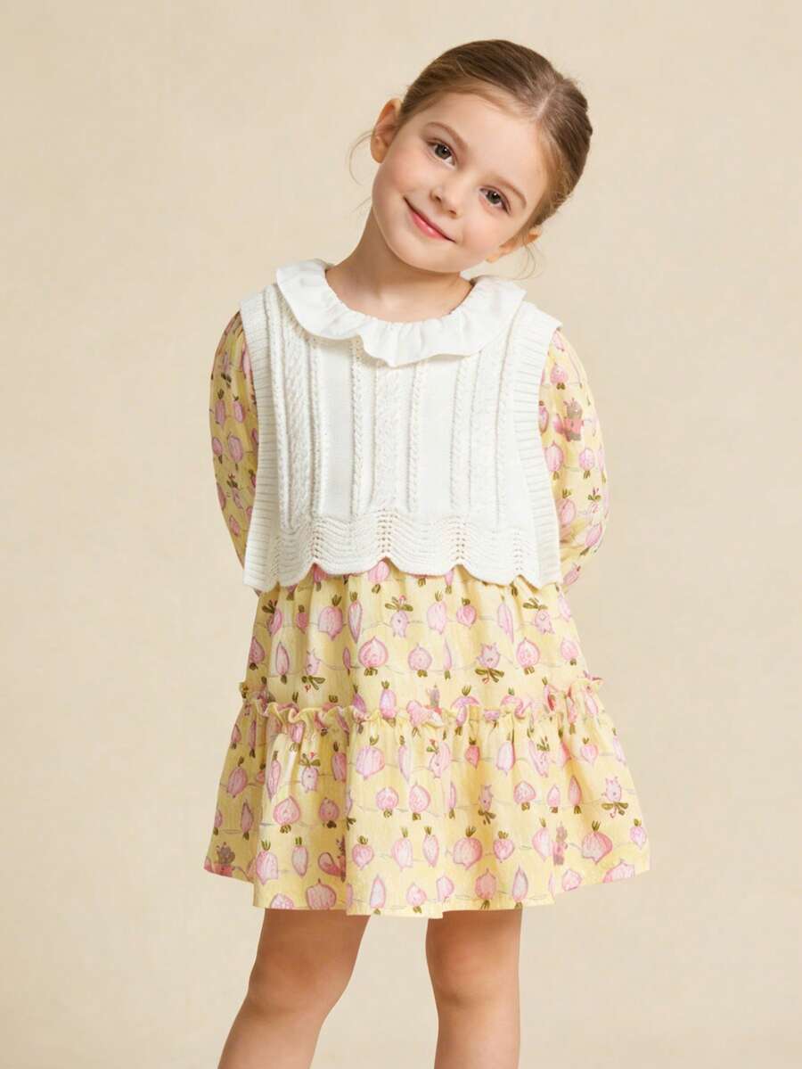 Balabala 2pcs Girls Dress Set, Cute Outfit, Autumn New Arrival - Yellow Tone - View 1