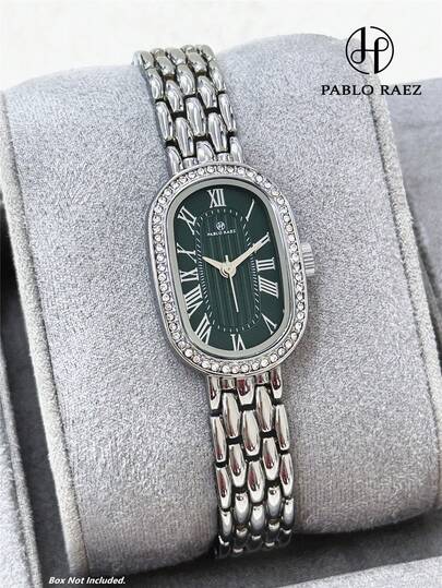 Pablo Raez 1pc Silver Green Ladies Watch Original Women Charming Rhinestone Wristwatch Oval Luxury Stainless Steel Rhinestones Dress Metal Steel Bracelets Chain Golden Non Tarnish Color Elegant Brand New Vintage Small Girls Party Design Quartz Watch Fashionable Roman Numeral Display