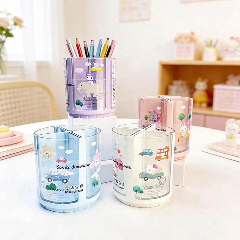 Miniso 1个三丽鸥Hello Kitty/肉桂狗/美乐蒂/酷洛米全球系列旋转笔筒，透明360°旋转多隔层桌面文具收纳盒 - 單件 - 查看 1
