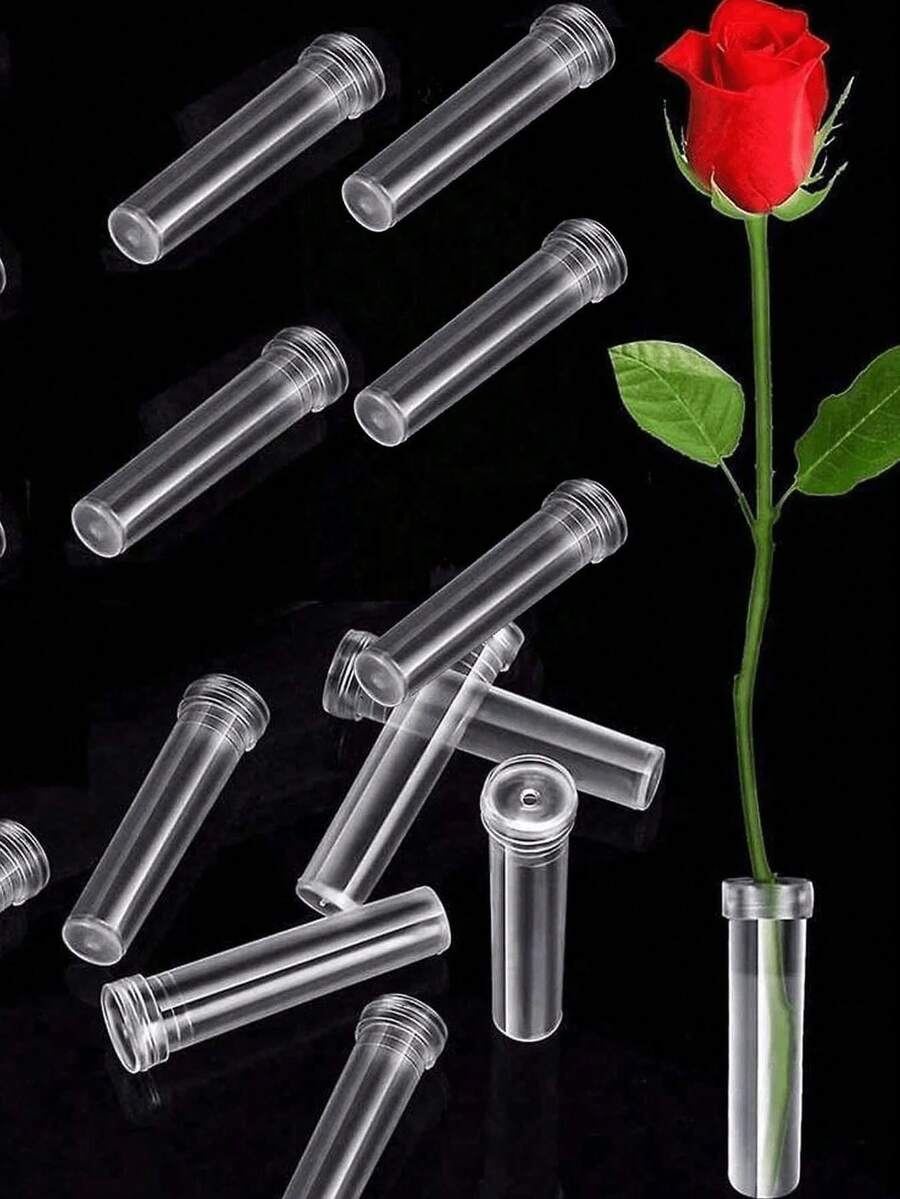 50个透明防漏花水管，带密封盖，便携式鲜花支架，塑料花瓶，适用于单支玫瑰花蕾、花束、水培、婚礼装饰、家居用品