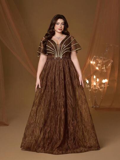 Mgiacy Plus Size Coffee Feather Embroidery V-Neck Poncho Sleeve A-Line Dress, Elegant Ladies Summer Gown Suitable For Weddings, Galas, Parties And Holidays