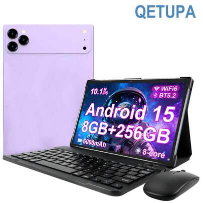  Qetupa 安卓 15 10.1 英寸平板电脑，配备保护套、键盘和鼠标，8GB 运行内存 + 256GB 机身存储（支持 1TB SD 卡扩展），MTK6771 八核 2.0GHz 处理器，高清 (1280x800) IPS 触控屏，500 万像素前置摄像头和 800 万像素后置摄像头，6000mAh 电池，支持蓝牙 5.2、802.11ax Wi-Fi 6、GPS 和 Type-C 充电接口，不支持 SIM 卡。