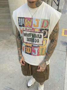 男士 WWJD “耶稣会怎么做”标语印花背心，休闲宗教基督教无袖马甲，90 年代复古米色 - 白色 - 查看 1