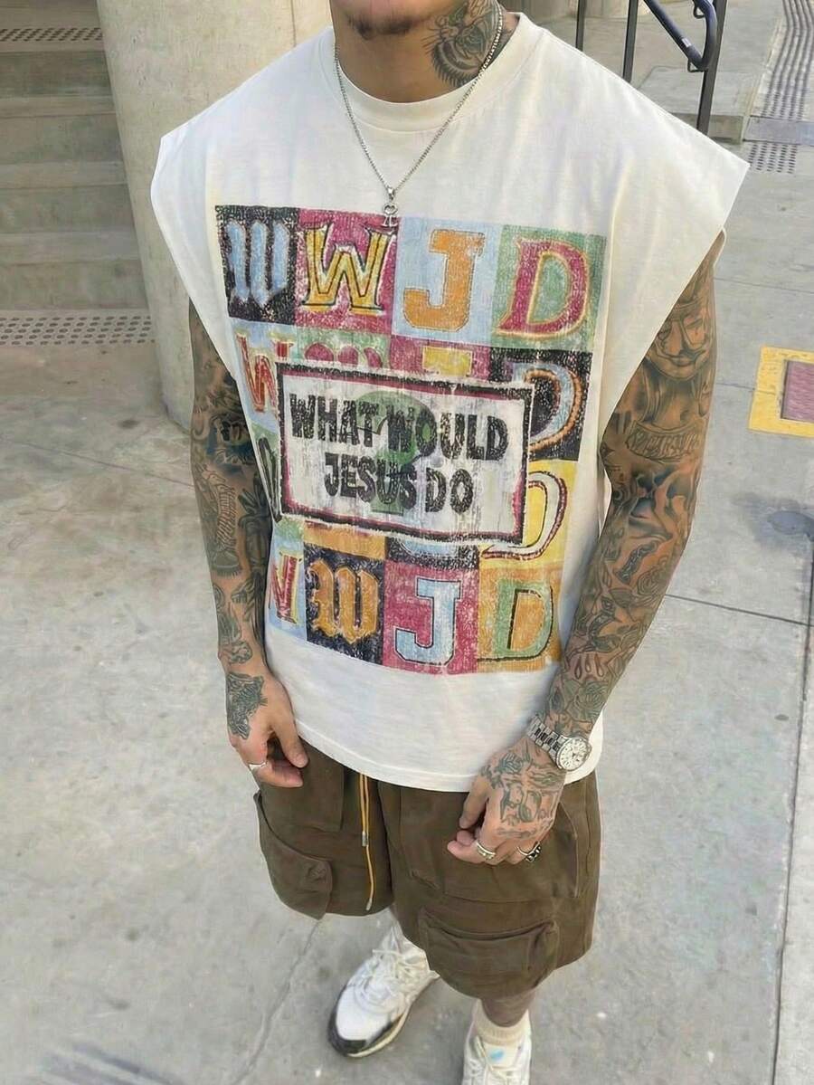 男士 WWJD “耶稣会怎么做”标语印花背心，休闲宗教基督教无袖马甲，90 年代复古米色 - 白色 - 查看 1