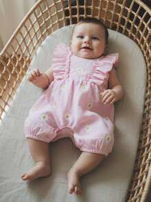 Newborn Baby Girl Summer Clothes Daisy Flying Sleeve Jumpsuit Romper Ruffle Onesie Infant Outfit 3 6 12 18 Months,Baby Girl Striped Clothes - 粉色 - 查看 2